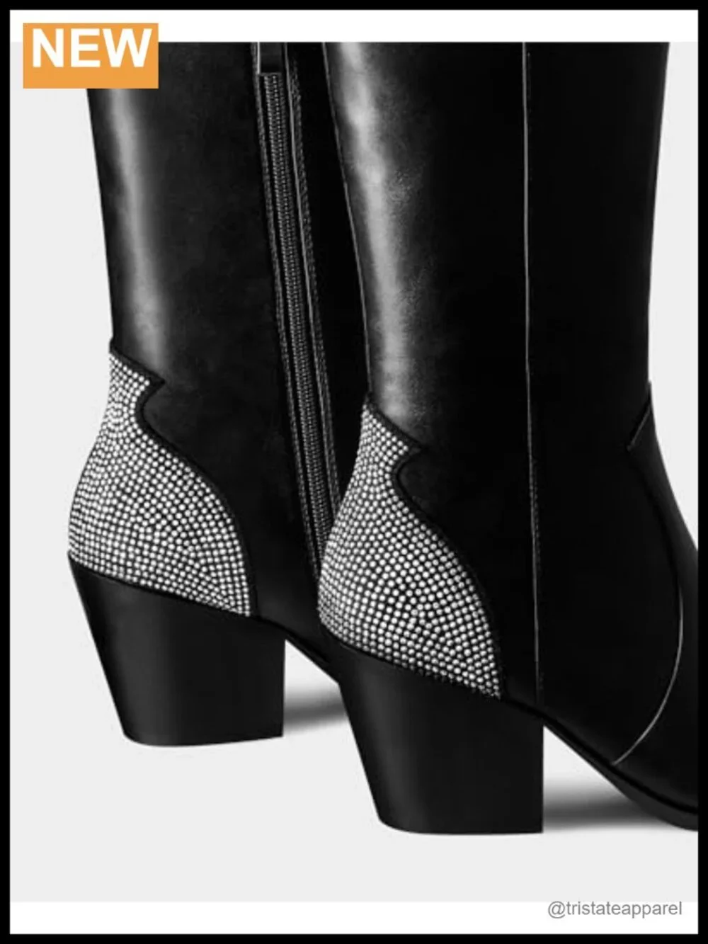 Faux Leather Rhinestone Thigh High Cowboy Boots Chunky Heel Pointed Toe Side
